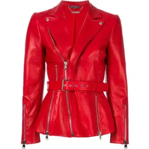 Belted Blazer Red Style Motorbike Leather Jacket