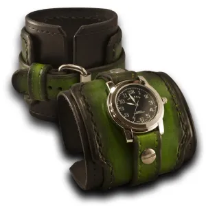 Black & Green Layered Rockstar Leather Cuff Watch