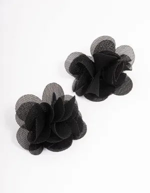 Black Fabric Layered Flower Stud Earrings