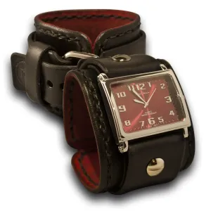 Black Leather Cuff Watch with Red Watch Face & Black Stitching