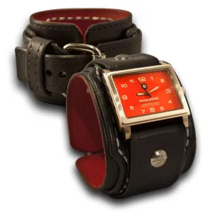 Black Rockstar Layered Leather Cuff Watch White Stitching