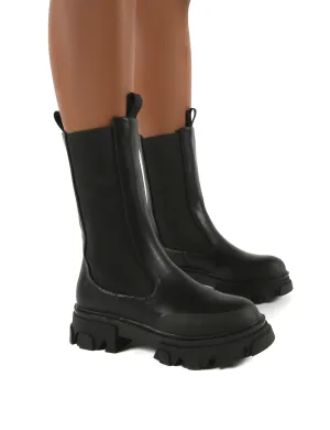 Boston Black Wide Fit Calf High Chunky Sole Boots