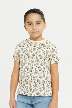 Boys Beige Crane Print T-Shirt