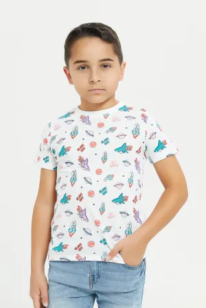 Boys White Space Print T-Shirt