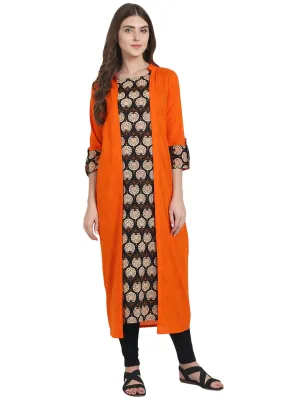 Brown Printed Cotton Kurta With 3/4Th Sleeve Orange Long Jacket