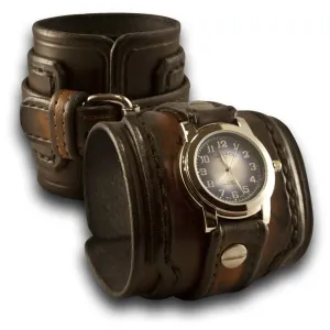 Brown Stressed Wide Layered Leather Cuff Watch