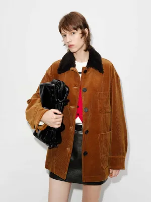 Contrast Collar Corduroy Coat