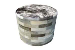 Cowhide 24" Round Patchwork Ottoman - gray