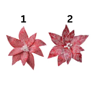 Decoris 29cm Christmas Red Poinsettia on Clip with Snow Velvet Finish (Choice of 2)