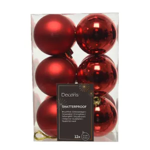 Decoris Pack of 12 6cm Christmas Red Shatterproof Baubles