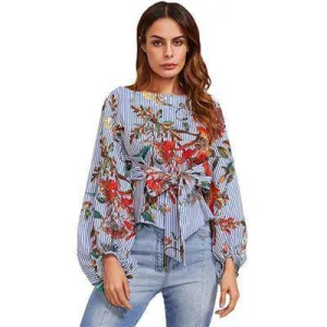 Exaggerated Lantern Sleeve Belted Mixed Print Blouse Womens Long Sleeve Tops Autumn Blue Striped Floral Blouse (US 10-16W