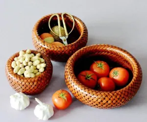 Farmhouse Small Storage Basket, Woven Snacks Basket, Bamboo Storage Basket, Round Storage Basket for Kitchen, Set of 3