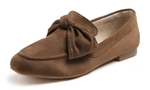 Feversole Women's Fashion Trim Deco Loafer Flats Brown Faux Suede Bow Knot