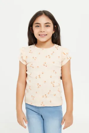 Girls Beige Printed T-Shirt