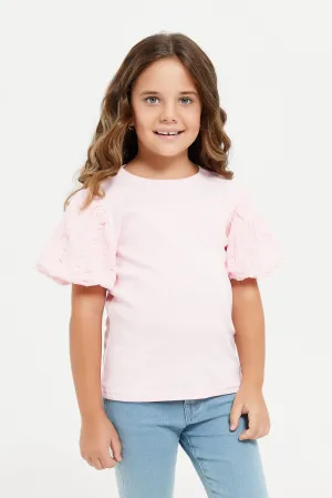 Girls Pink Ribbed T-Shirt With Jacquard Sleeves