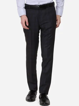 Grey & Navy Blue Checked Super Slim Fit Formal Trouser | JadeBlue