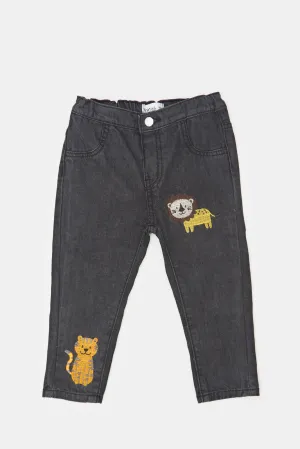 Infant Boys Black Lion Print Slim Fit Jeans