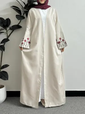 Long Sleeve Embroidery Floral Open Front Abaya