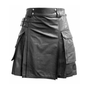 Men Black Leather Gladiator Pleated Utility Kilt Flat Front Twin Cargo Pockets - K5t-Blk