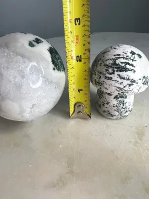 Moss agate sphere and mushroom set. Total weight is 1 pound 3oz