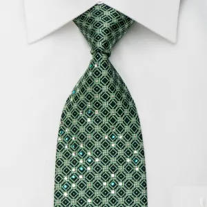 Nina Ricci Rhinestone Silk Necktie Green Trellis On Blue With Silver Sparkles