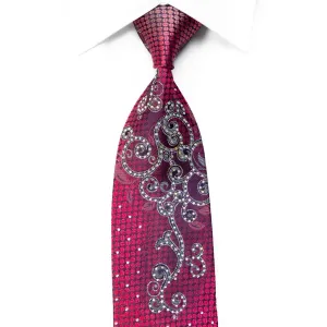 Remizio Crystal Rhinestone Silk Tie Silver Scrolls On Purple Geometric With Silver Sparkles