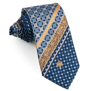 Renoma Gorgeous Men's Woven Silk Rhinestone Tie Blue Geometrc With Golden Stripes