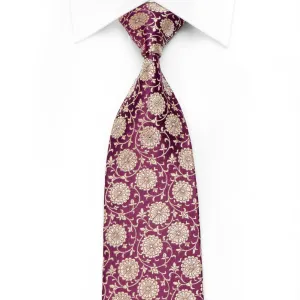 Renoma Men's Crystal Silk Necktie Gold Floral On Burgundy With Sparkles