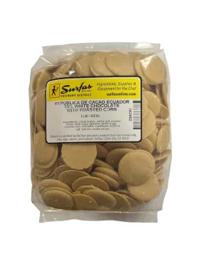 Republica de Cacao 33% White Chocolate Discs with Roasted Corn 1lb