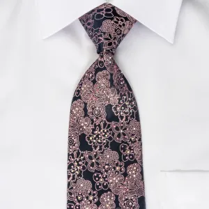 Rhinestone Necktie Purple Floral On Navy Woven Silk