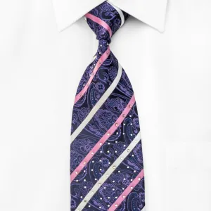 Rogers Dail Men's Crystal Rhinestone Necktie Silver Pink Striped Purple Anthemion On Navy Silk