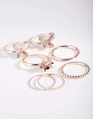 Rose Gold Butterfly & Flower 7-Pack Rings