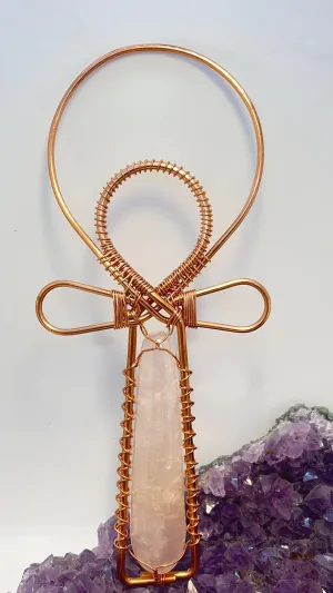 Rose Quartz Copper Handheld Ankh