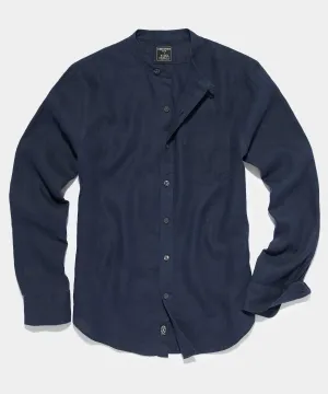 Sea Soft Linen Band Collar Long Sleeve Shirt in Navy