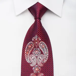 Smalto Mens Crystal Rhinestone Necktie Boteh Motif On Burgundy Navy Silk