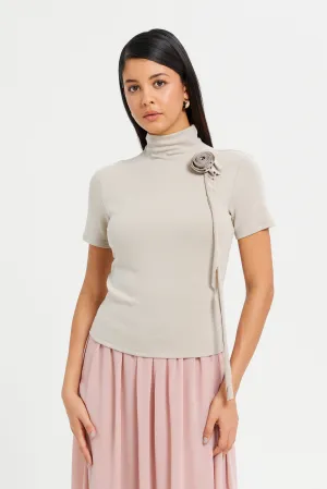 Women Beige Embellished High Neck Top