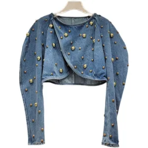 Work Beading Rivet Denim Coat Spring Women Blue Short Round Collar Puff Sleeve Irregular Single Button Jeans Jacket Female